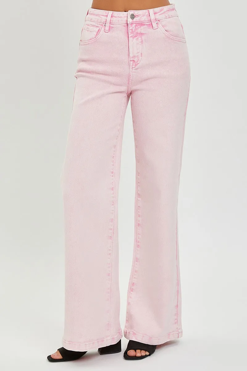 Turning Heads High Waisted Straight Leg Acid Pink Jeans